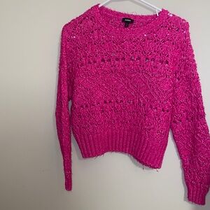 Express Bright Pink Open-Knit Crewneck Sweater